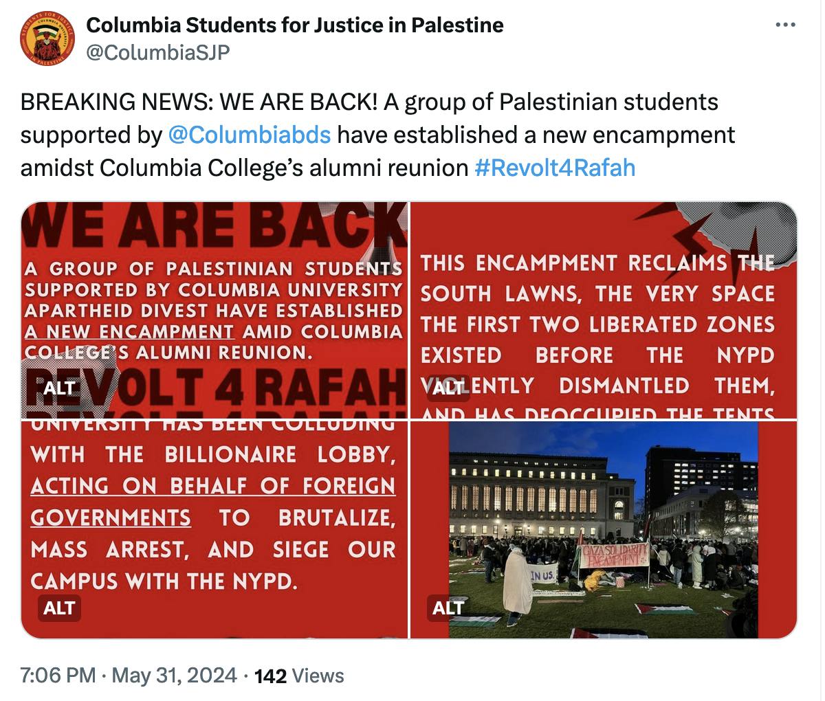 Twitter Screenshot - Columbia Students for Justice in Palestine