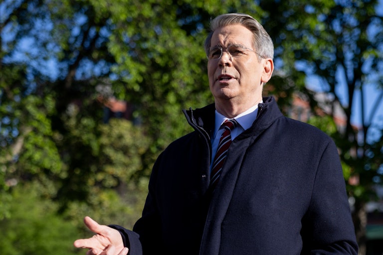 Treasury Secretary Scott Bessent speaks to reporters (not pictured) outside the White House.