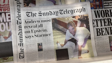 The front page of a British newspaper shows a photo of Prince Andrew in the Epstein files