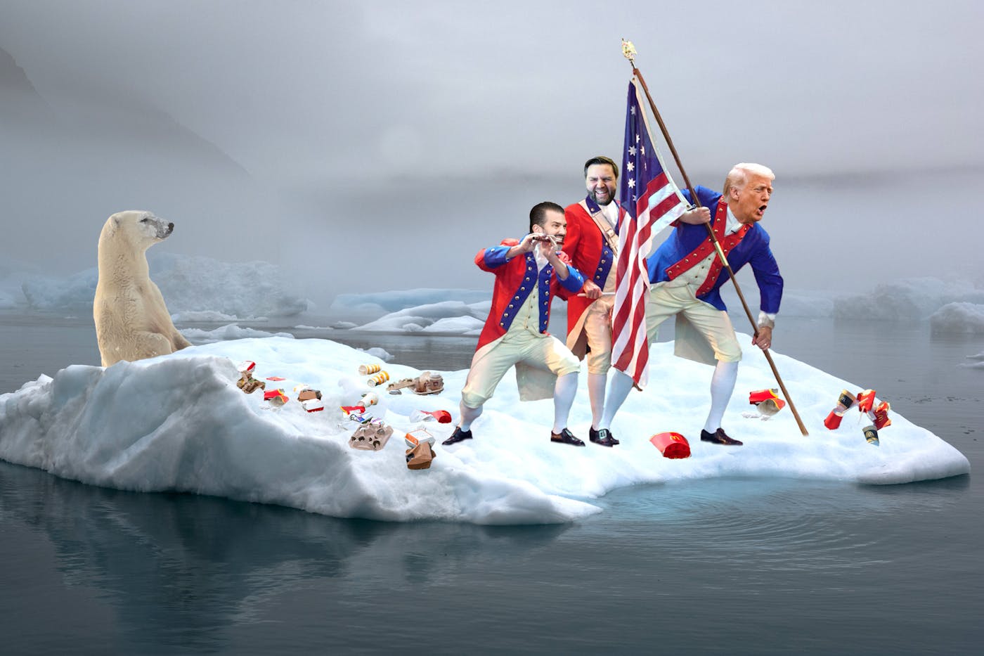 An illustration of Trump, Don Jr., and Vance planting an American flag in a Greenland glacier