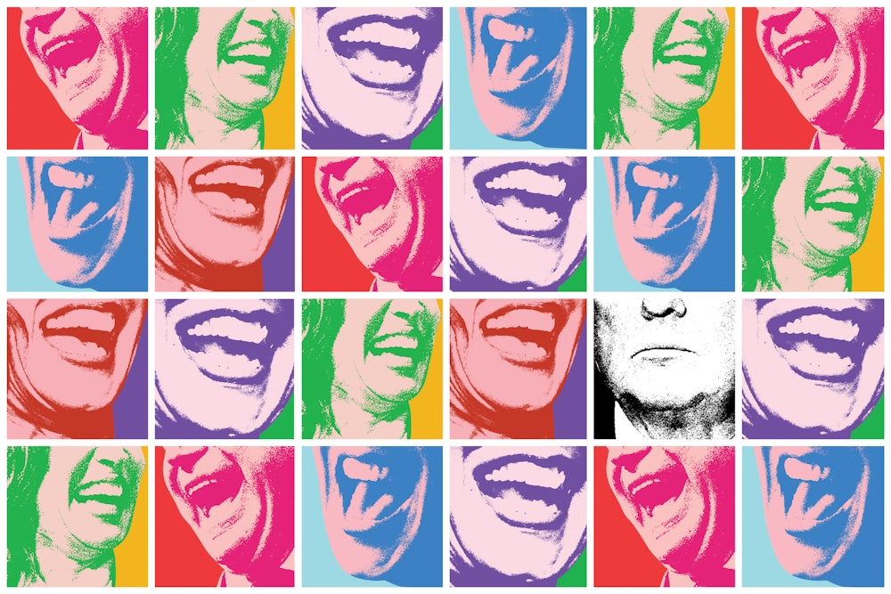 Illustration of laughing mouths and Trump not laughing