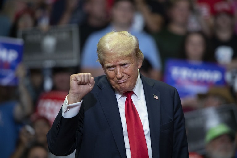 Donald Trump pumps his fist during a campaign rally