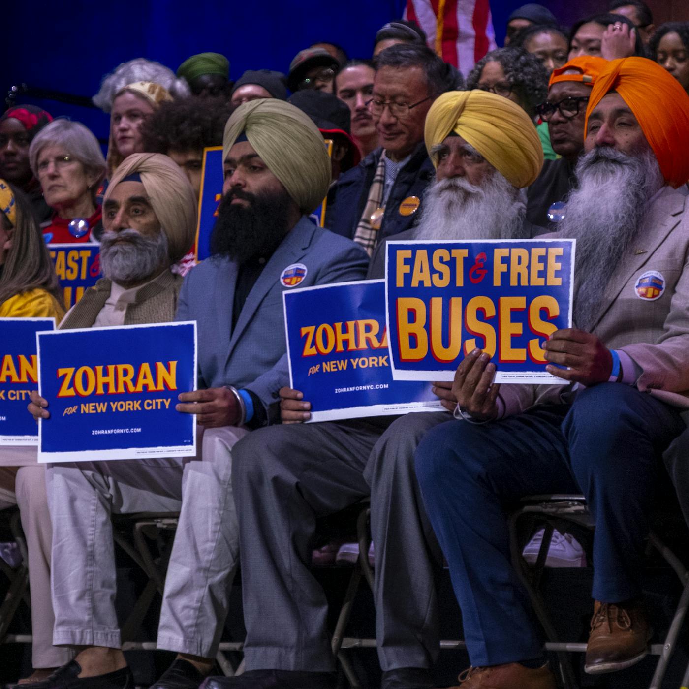 A row of Sikh men sat behind the speakers at Mamdani’s “New York Is Not For Sale” rally.