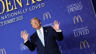 Donald Trump arrives to deliver remarks at the McDonald’s Impact Summit.
