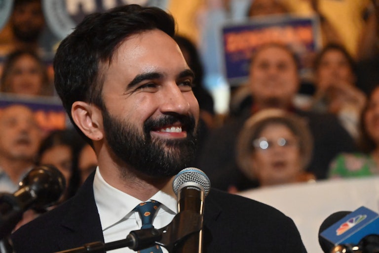 New York City Democratic mayoral candidate Zohran Mamdani smiles at a campaign event