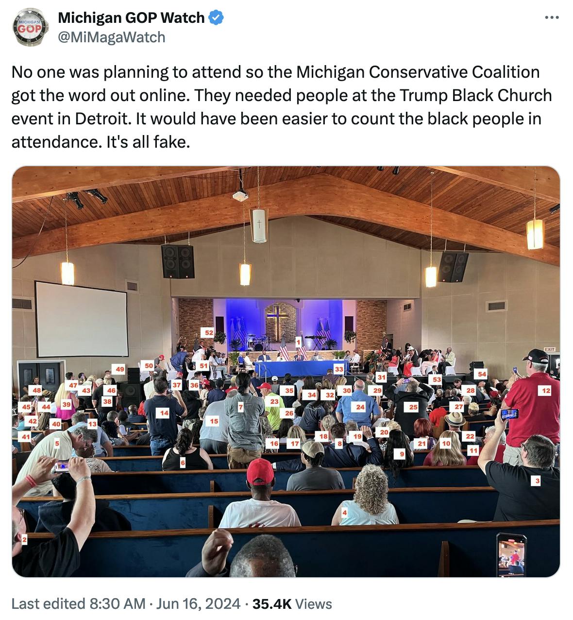 Tweet screenshot Michigan GOP Watch: No one was planning to attend so the Michigan Conservative Coalition got the word out online. They needed people at the Trump Black Church event in Detroit. It would have been easier to count the black people in attendance. It's all fake.
