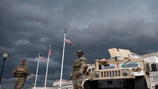 Members of the National Guard patrol outside Union Station as a storm approaches in Washington, D.C., on August 17, 2025. Donald Trump deployed military and federal law enforcement, ostensibly to curb violent crime in the nation’s capital.