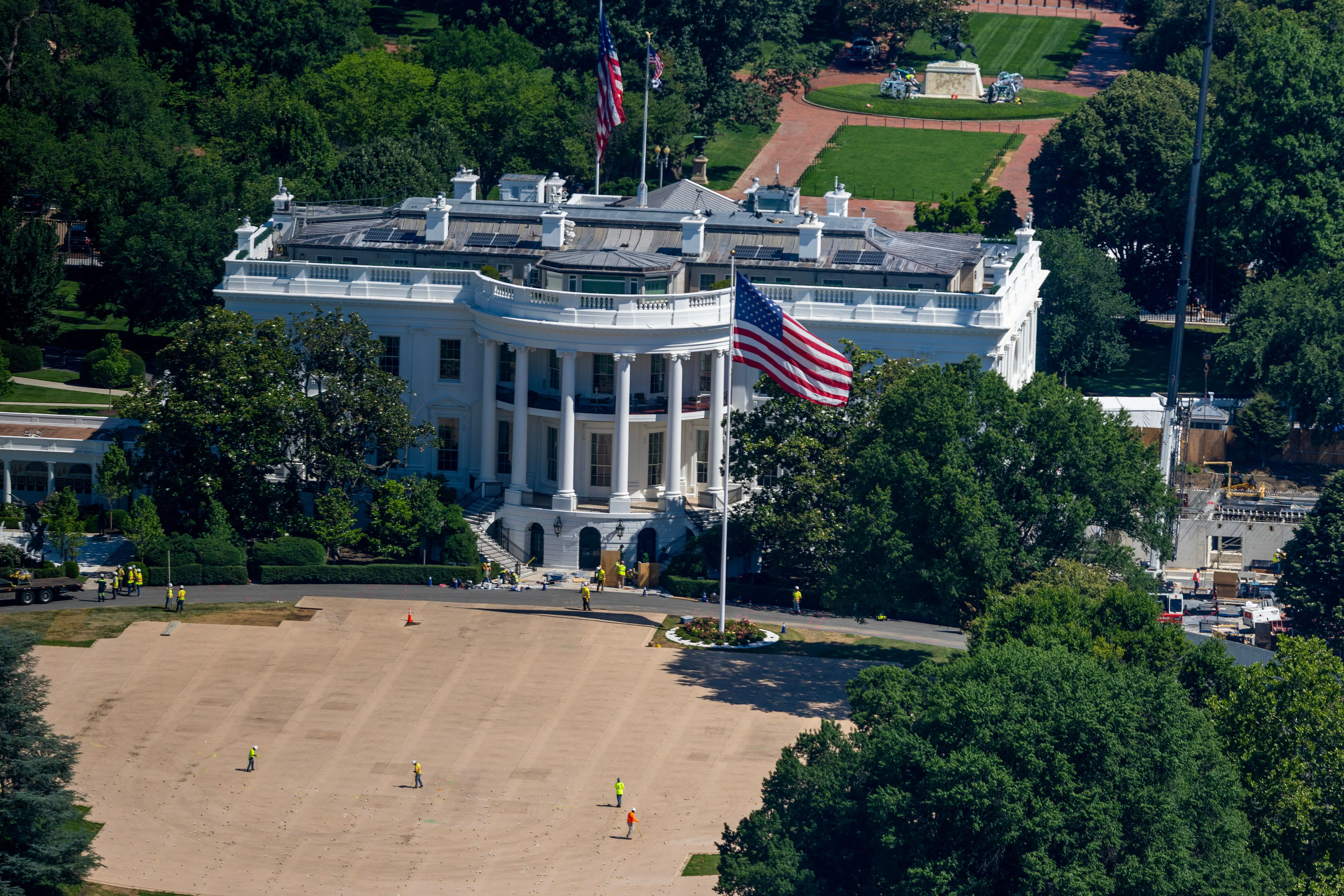 White House South Lawn with lots of gray dirt