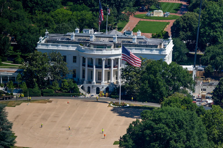 White House South Lawn with lots of gray dirt