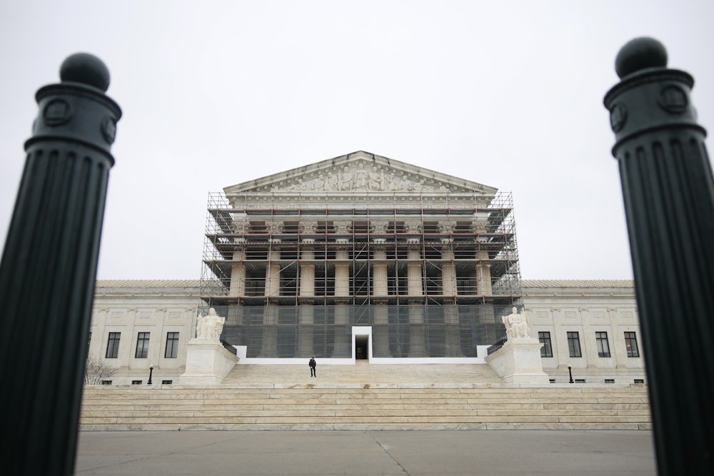 The U.S. Supreme Court is seen under scaffolding on April 07, 2025 in Washington, D.C.