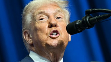 Donald Trump speaks into a microphone