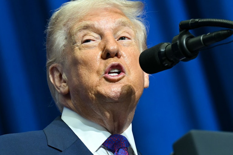 Donald Trump speaks into a microphone