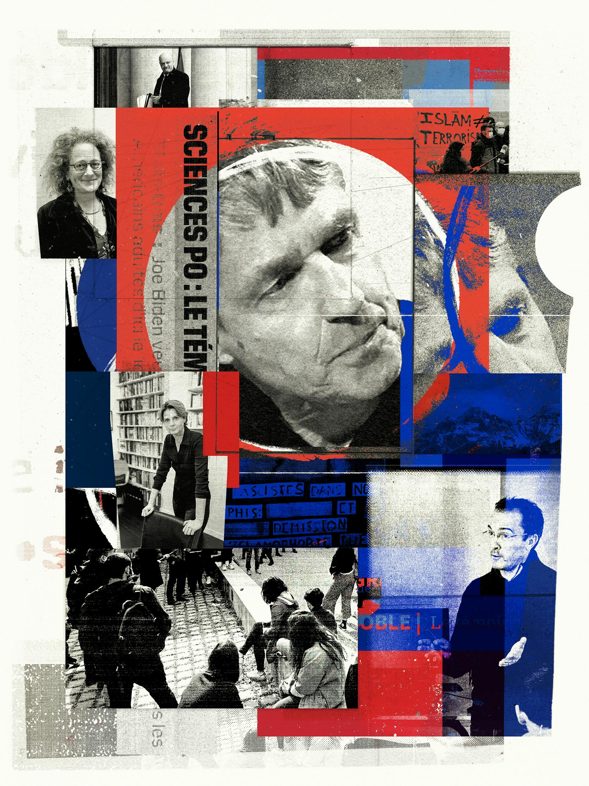 Collage of images showing people referenced in the piece, such as Klaus Kinzler, Samuel Paty, Jean-Michel Blanquer, Caroline Fourest and Anne-Laure Amilhat Szary 