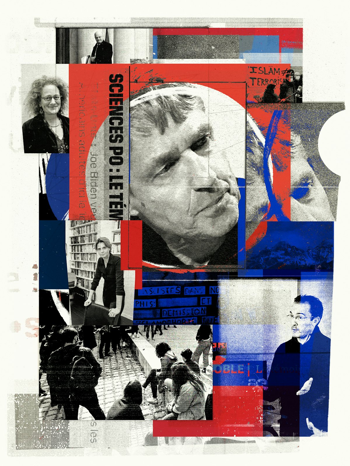 Collage of images showing people referenced in the piece, such as Klaus Kinzler, Samuel Paty, Jean-Michel Blanquer, Caroline Fourest and Anne-Laure Amilhat Szary