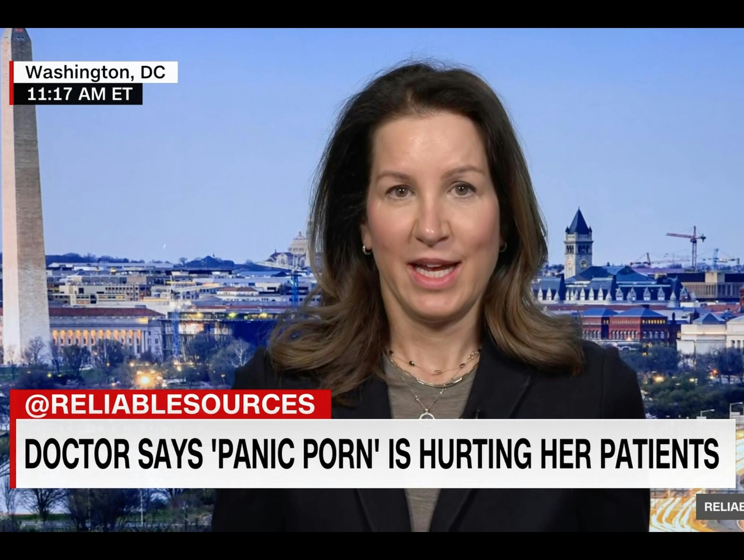 Dr. McBride appears. The chyron below reads, doctor says panic porn is hurting her patients. 