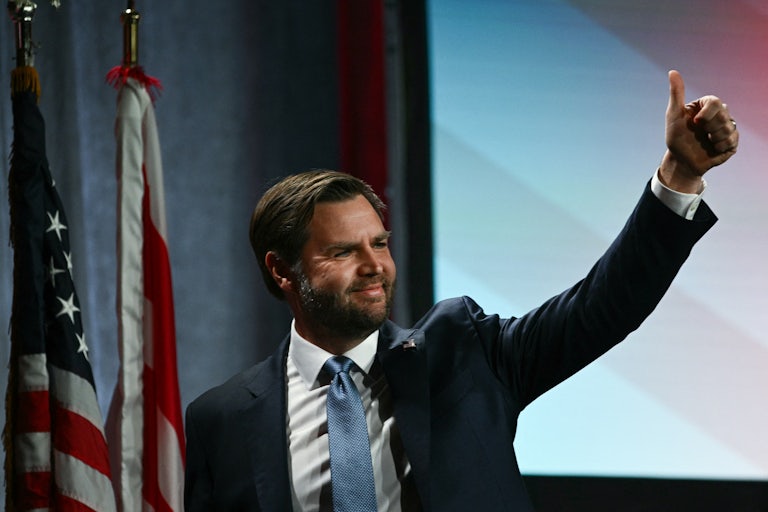 Vice President JD Vance gives a thumbs-up to an audience after speaking at an event