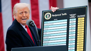 Donald Trump holds up his Liberation Day tariffs poster