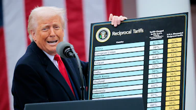 Donald Trump holds up his Liberation Day tariffs poster
