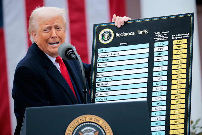 Donald Trump holds up his Liberation Day tariffs poster