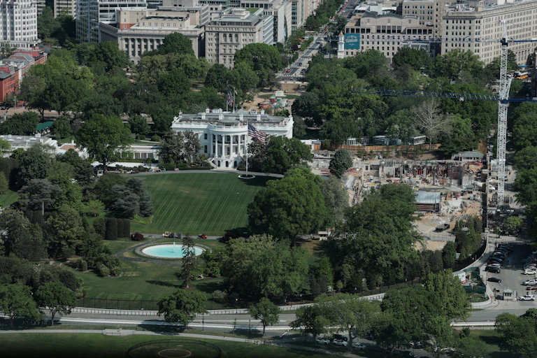 An aerial view of construction at the White House