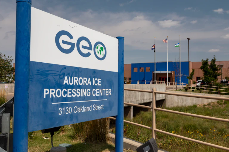 Geo Group Aurora Processing Center sign