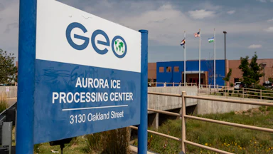 Geo Group Aurora Processing Center sign