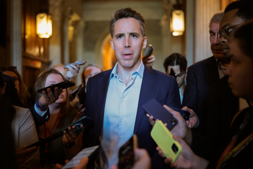 Senator Josh Hawley speaks to reporters in the Capitol.