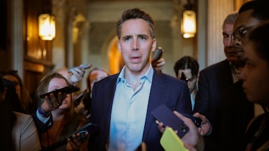Senator Josh Hawley speaks to reporters in the Capitol.