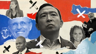 A photo collage featuring some of the leading candidates in New York's mayoral race: Andrew Yang, Kathryn Garcia, Maya Wiley, Eric Adams, and Scott Stringer