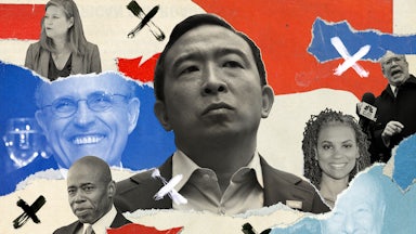 A photo collage featuring some of the leading candidates in New York's mayoral race: Andrew Yang, Kathryn Garcia, Maya Wiley, Eric Adams, and Scott Stringer