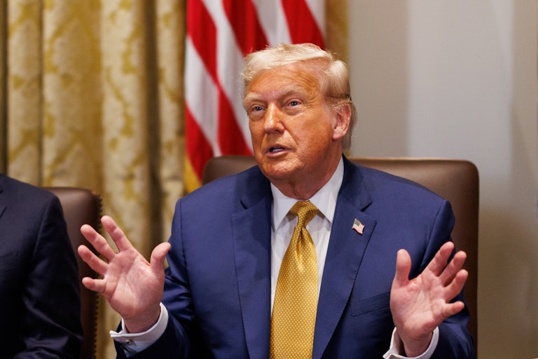 Donald Trump gestures while speaking during a Cabinet meeting