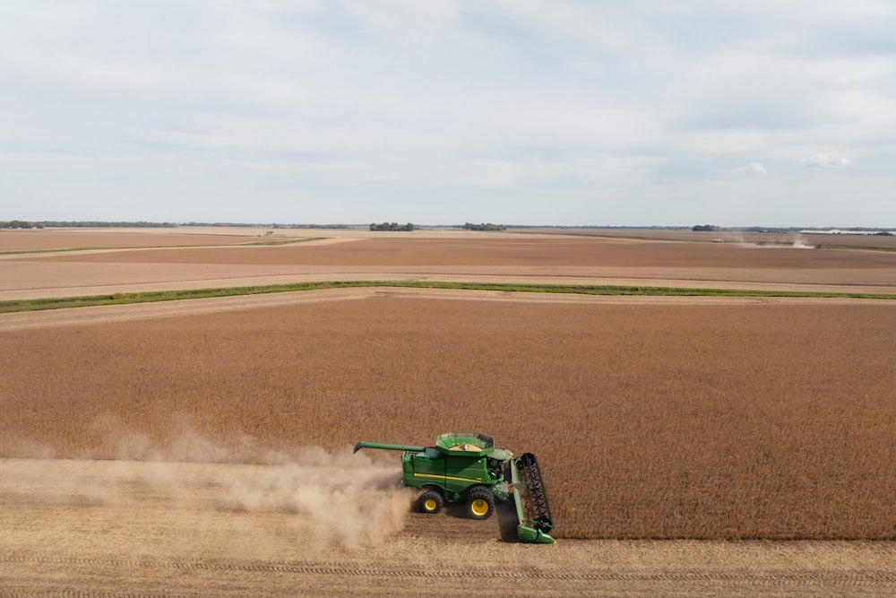 A combine harvester during a soybean harvest at a farm outside St. Peter, Minnesota