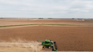 A combine harvester during a soybean harvest at a farm outside St. Peter, Minnesota
