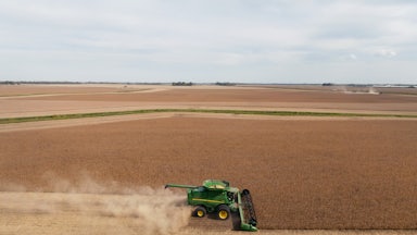A combine harvester during a soybean harvest at a farm outside St. Peter, Minnesota