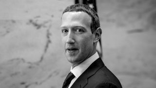 A black-and-white photograph of Facebook CEO Mark Zuckerberg