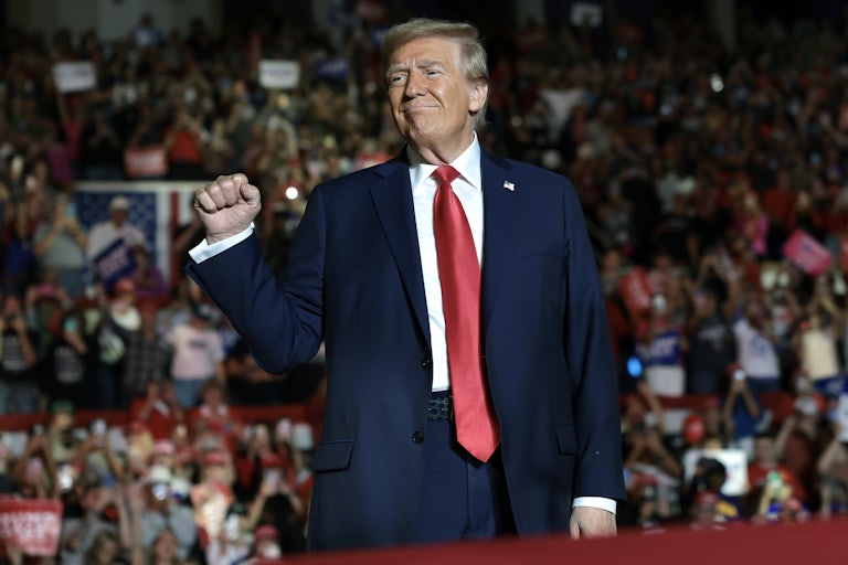 Donald Trump raises his fist as if in victory