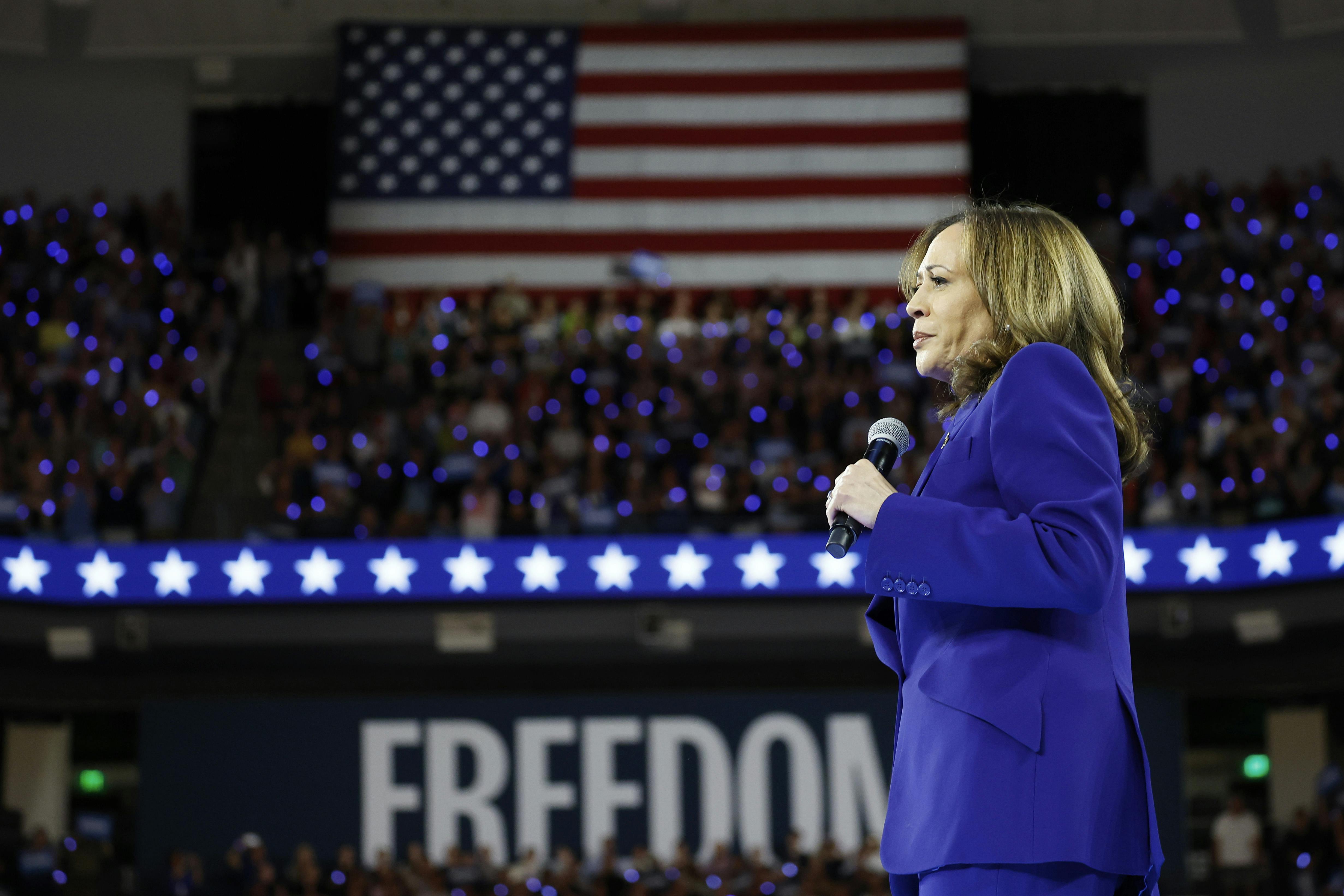 Vice President Kamala Harris speaks at a campaign rally at the Fiserv Forum in Milwaukee, Wisconsin. 
