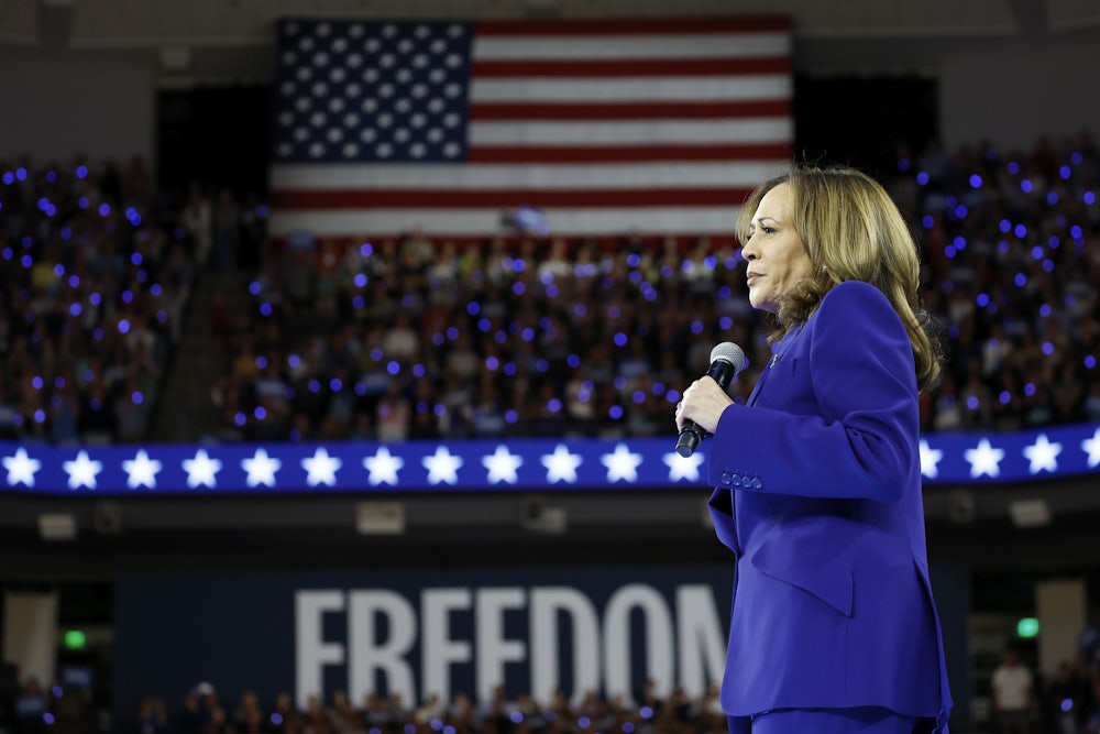 Vice President Kamala Harris speaks at a campaign rally at the Fiserv Forum in Milwaukee, Wisconsin.