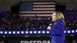 Vice President Kamala Harris speaks at a campaign rally at the Fiserv Forum in Milwaukee, Wisconsin.