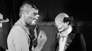 Jerry Lewis, left, talks to Pierre Etaix on March 22, 1972, during the shooting of the film "The Day the Clown Cried."