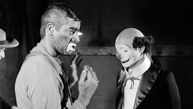 Jerry Lewis, left, talks to Pierre Etaix on March 22, 1972, during the shooting of the film "The Day the Clown Cried."
