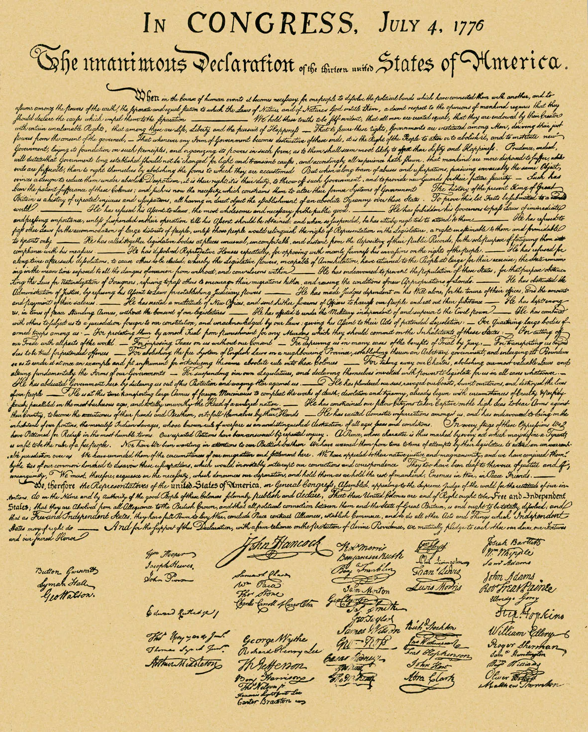 he handwritten Declaration of Independence on aged parchment dated July 4, 1776