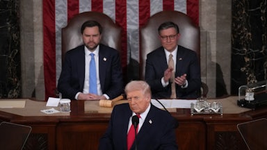 President Trump delivers his State of the Union address to Congress, February 24, 2026. Vice President JD Vance and House Speaker Mike Johnson sit behind him.