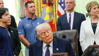 President Donald Trump falls asleep while sitting at his desk in the Oval Office of the White House. Cabinet officals and kids stand around him.