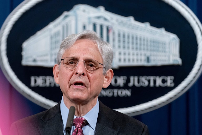 Attormey General Merrick Garland delivers a speech at the Department of Justice.