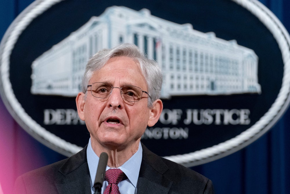 Attormey General Merrick Garland delivers a speech at the Department of Justice.