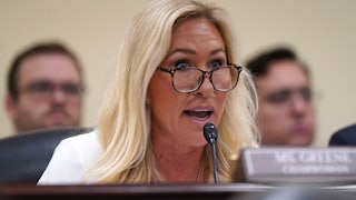 Representative Marjorie Taylor Greene speaks in Congress.