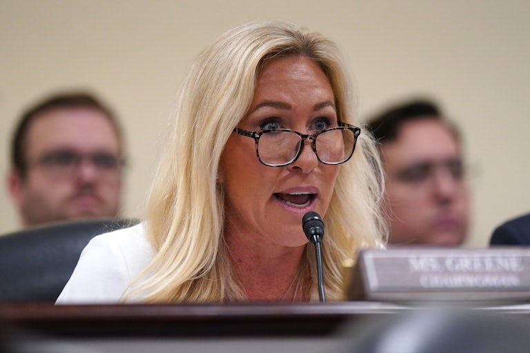Representative Marjorie Taylor Greene speaks in Congress.