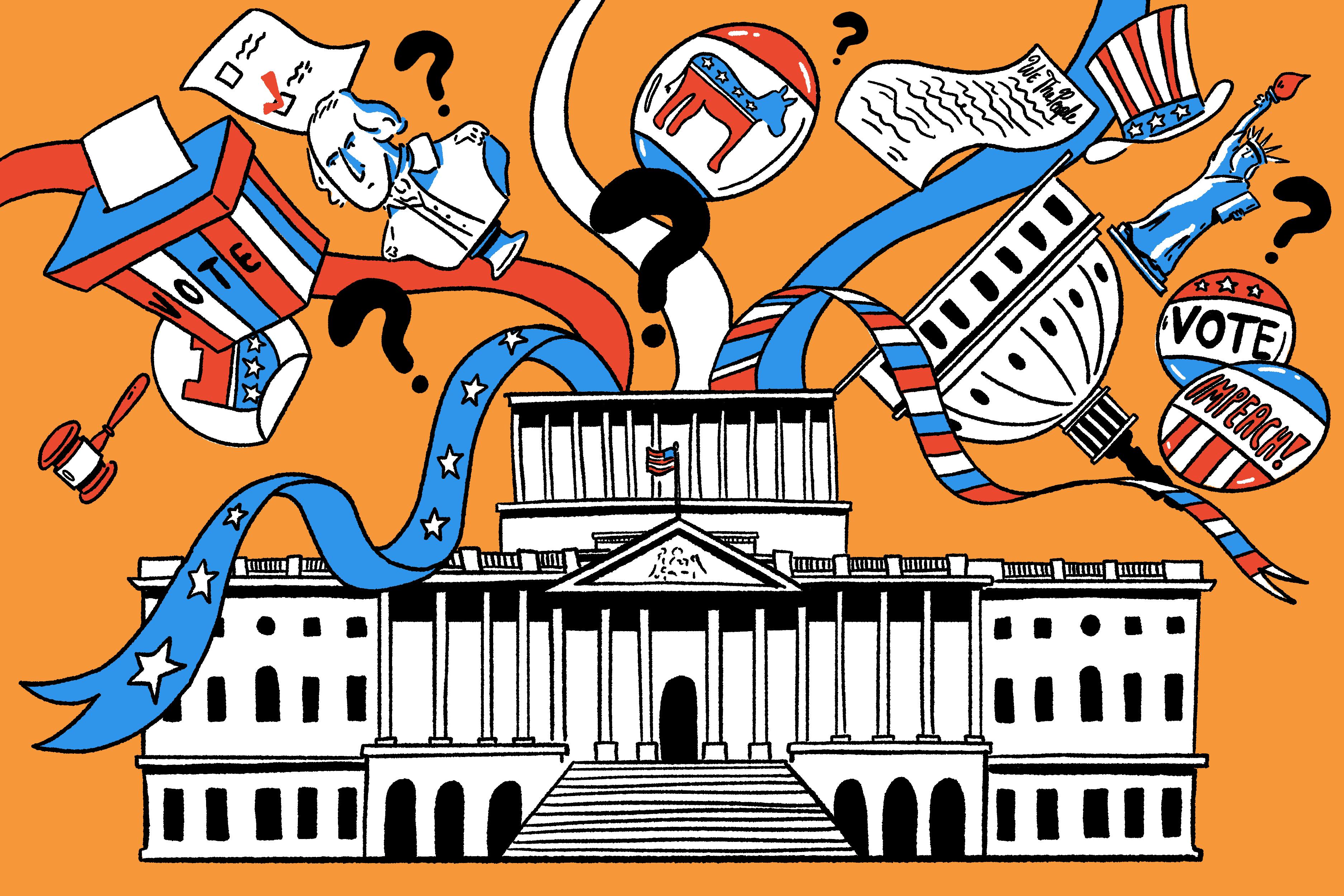 Illustration of the U.S. Capitol building with dome opened up revealing trivia related paraphernalia 