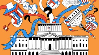Illustration of the U.S. Capitol building with dome opened up revealing trivia related paraphernalia